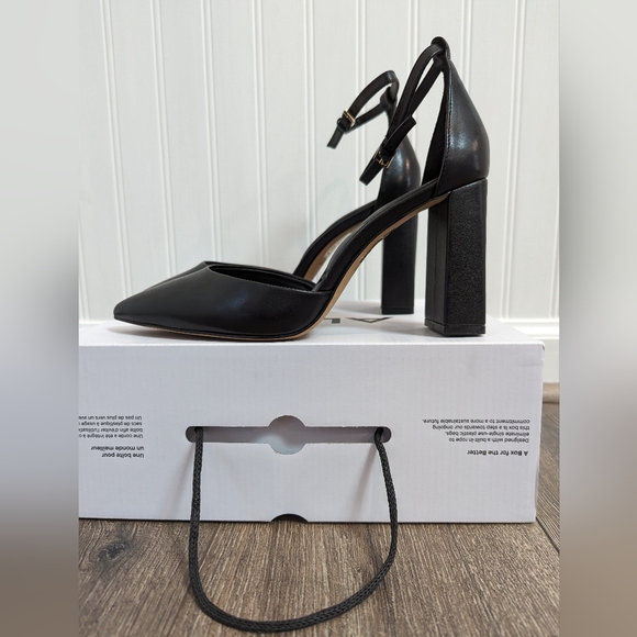 Aldo Size 8 Black Leather Block Heels Pumps Ankle Strap Padded Insole LIKE NEW - Picture 5 of 7